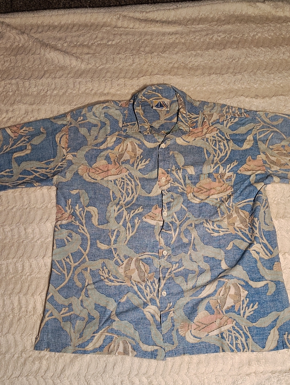 vintage SEARS MENS STORE hawaiian shirt USA MADE aloha palm reverse print LG
